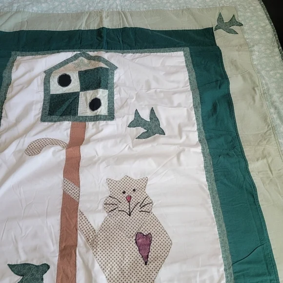 𝅺Cat and Bird Quilt Shades Of Green Cottage Core